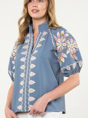THML Blue Embroidered Puff-Sleeve Top Sz S